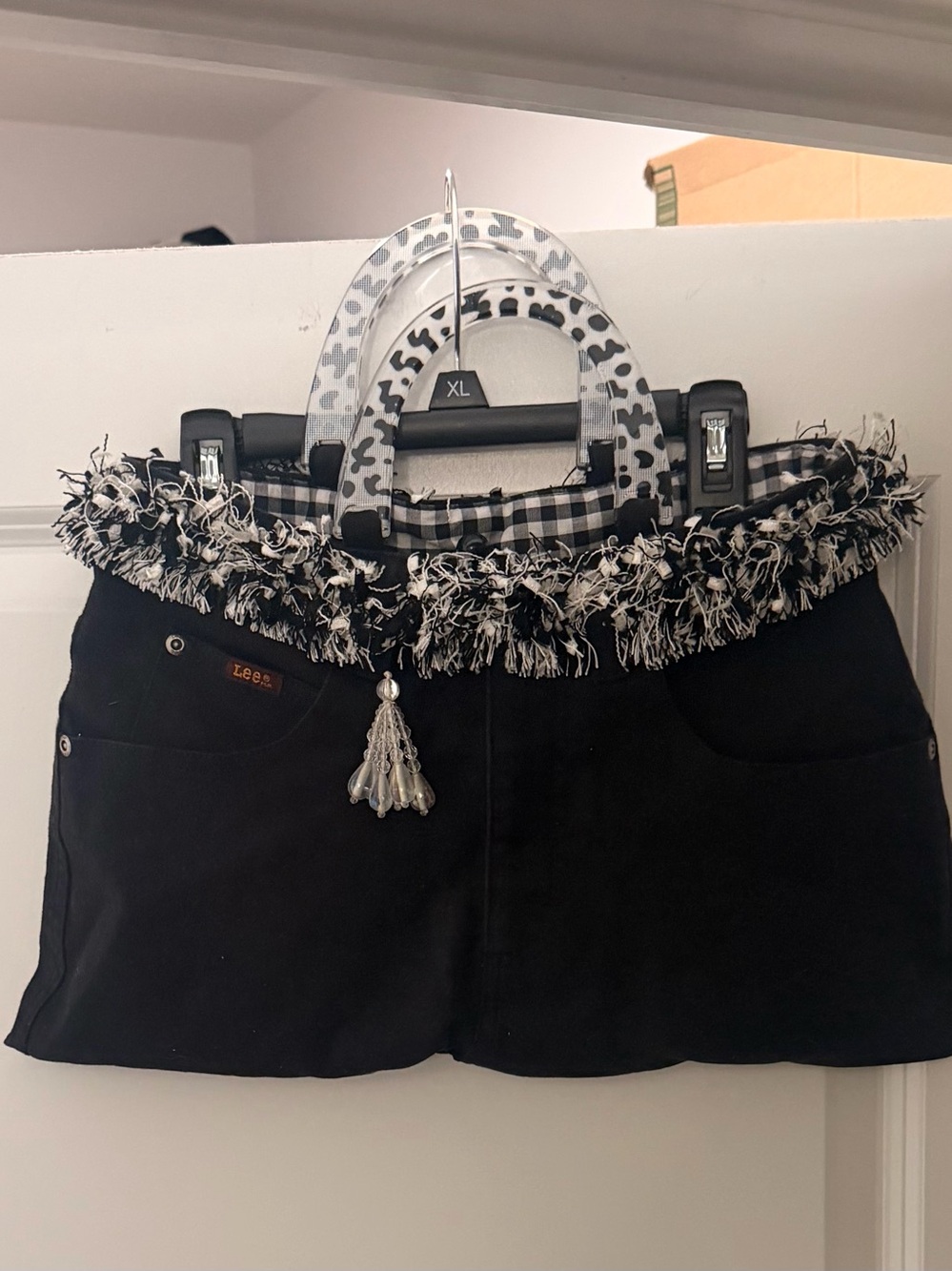 Up cycled Lee Black bag with Black-and-White Fringe and Beaded Tassel
